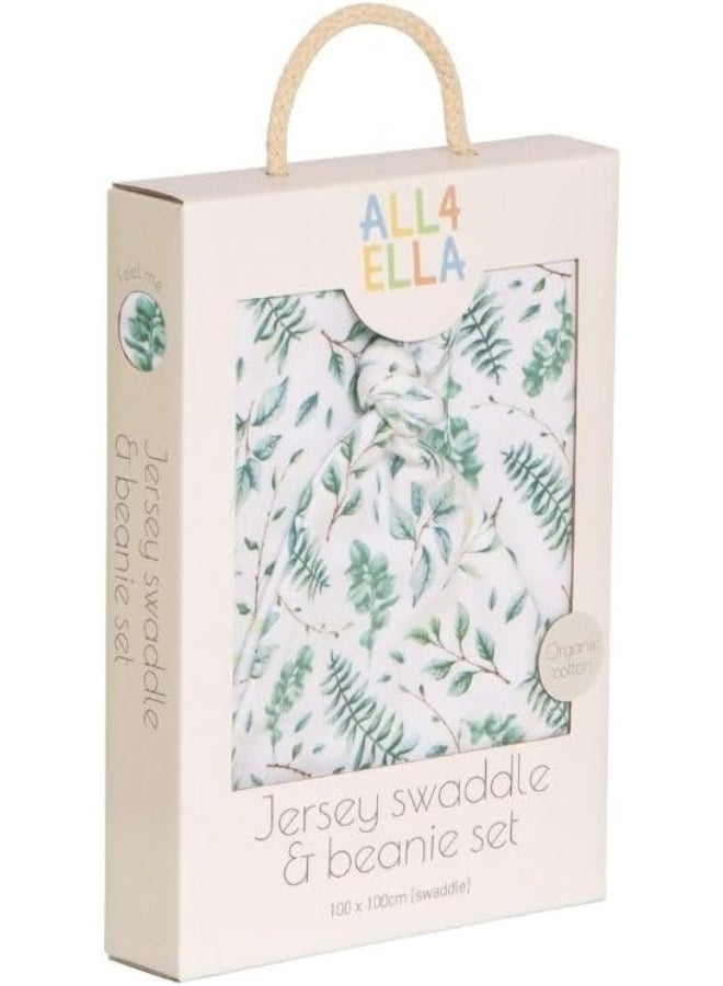 All4Ella Jersey Swaddle & Beanie Set - Leaves - Image 1